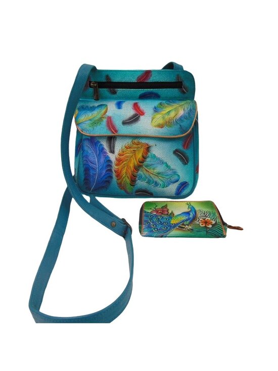 Anuschka Handbags - Anuschka Leather Crossbody Purse Wallet Teal Blue Feather Peacock Hand Painted